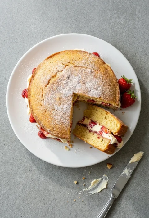 Hairy Bikers victoria sponge on a white plate with a slice cut showing strawberries, jam and clotted cream between two golden layers