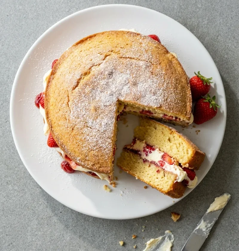Hairy Bikers victoria sponge on a white plate with a slice cut showing strawberries, jam and clotted cream between two golden layers
