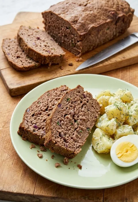 Hairy Bikers American meatloaf sliced on a green plate with potato salad and half a hard boiled egg, whole loaf on a board behind