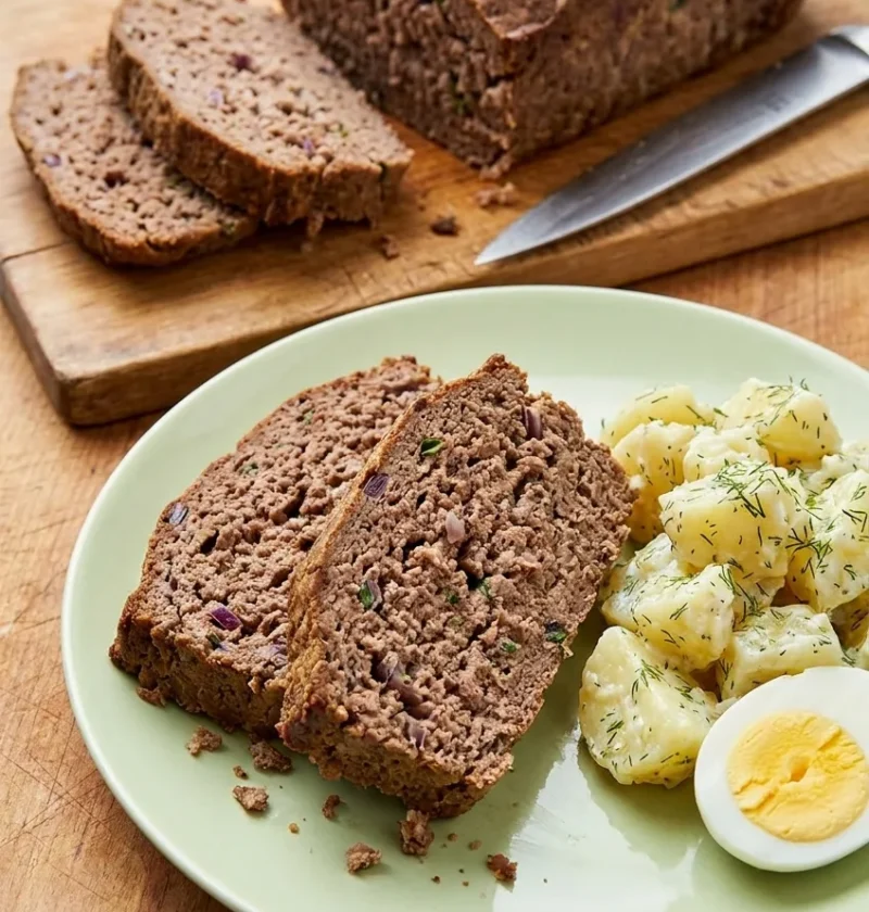 Hairy Bikers American meatloaf sliced on a green plate with potato salad and half a hard boiled egg, whole loaf on a board behind