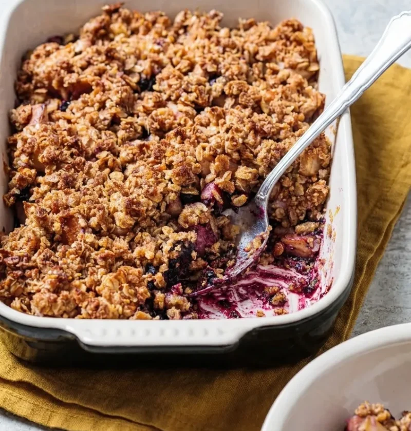 Hairy Bikers apple and blackberry crumble in a cream baking dish with a golden oat topping and purple blackberry juice bubbling underneath