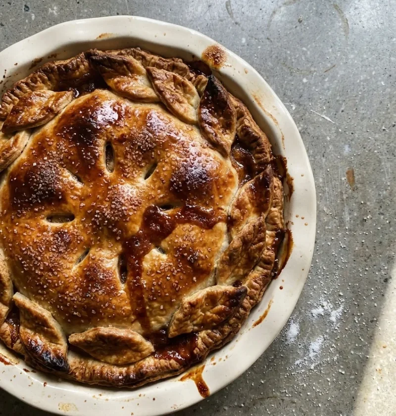Hairy Bikers apple pie in a ceramic dish with a crimped edge, pastry leaves round the rim and sugar scattered over the golden lid