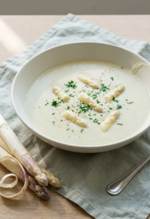 Hairy Bikers asparagus soup in a wide bowl, pale ivory and smooth, topped with whole white asparagus tips and chopped parsley