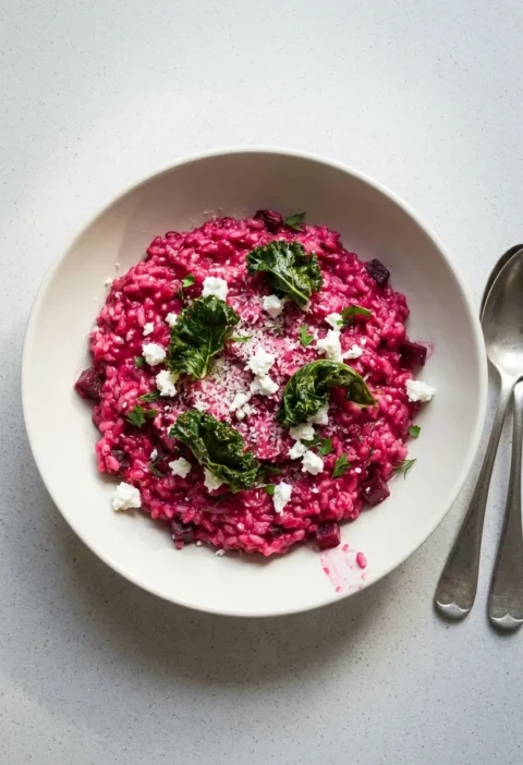 Hairy Bikers beetroot risotto in a white bowl, bright pink rice topped with crumbled goats cheese and crisp kale