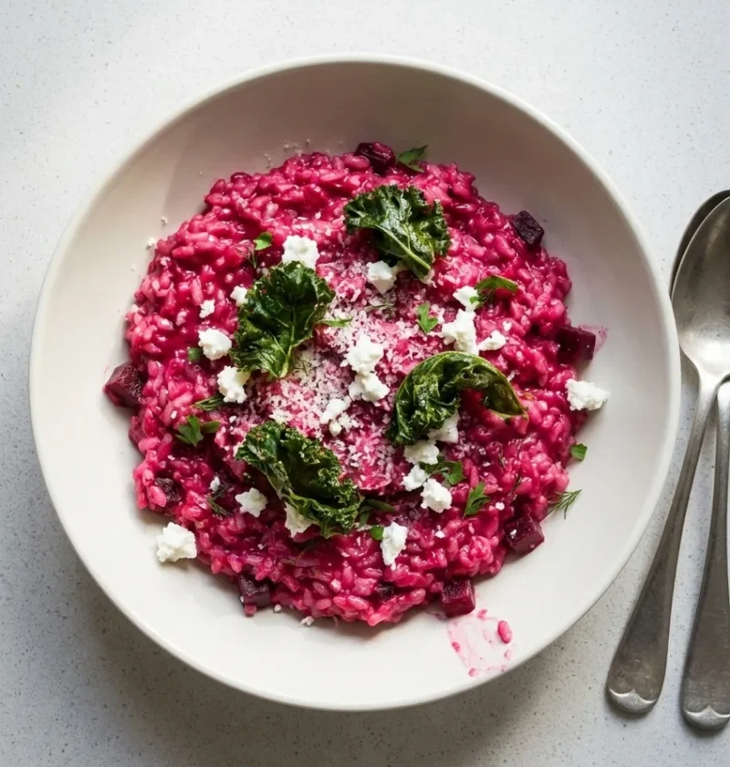Hairy Bikers beetroot risotto in a white bowl, bright pink rice topped with crumbled goats cheese and crisp kale