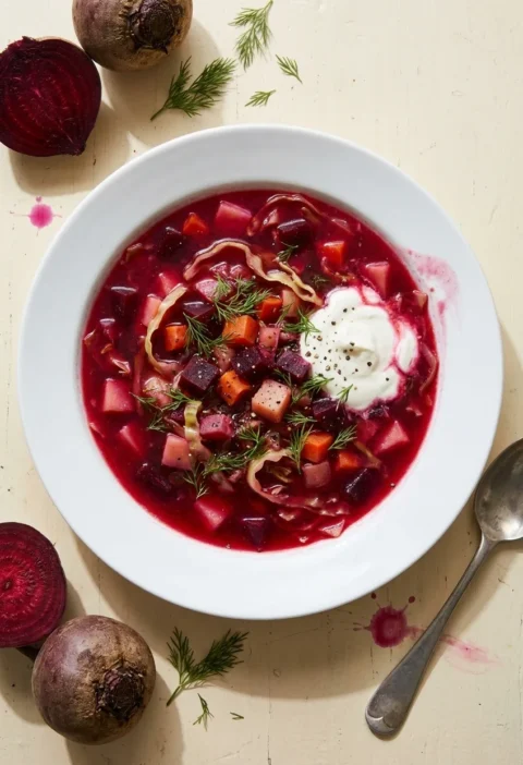 Hairy Bikers beetroot soup in a white bowl with cabbage, carrot and potato, topped with soured cream and dill
