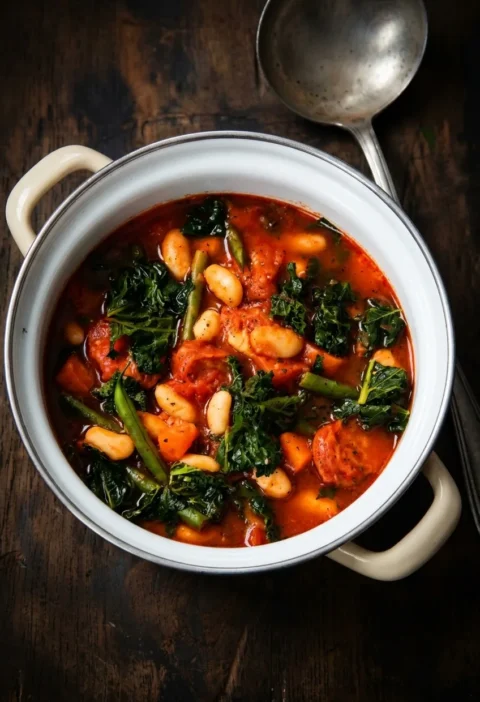 Hairy Bikers big soup in a cream casserole pot with cannellini beans, curly kale, green beans and carrot in a red tomato broth