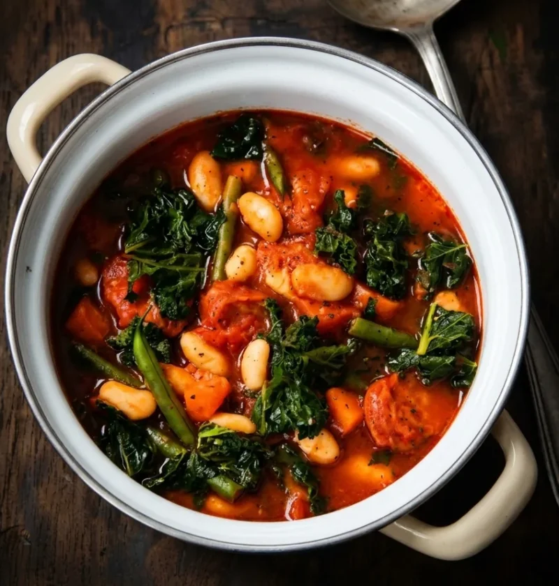 Hairy Bikers big soup in a cream casserole pot with cannellini beans, curly kale, green beans and carrot in a red tomato broth