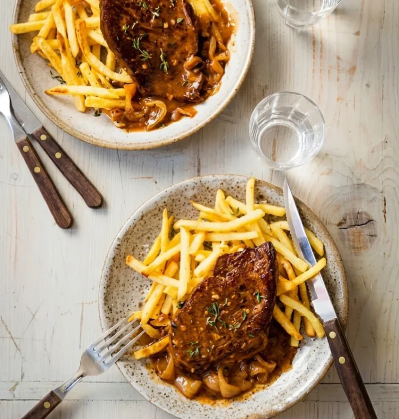 Hairy Bikers braised steak with gravy on two plates, whole braising steaks with onion and glossy gravy served with chips