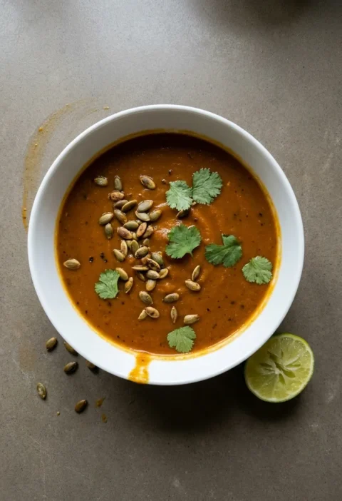 Hairy Bikers butternut squash soup in a white bowl topped with toasted pumpkin seeds and coriander, lime wedge alongside