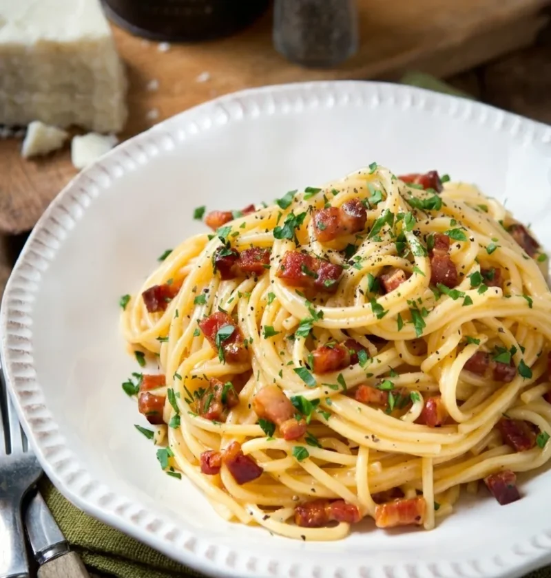 Hairy Bikers spaghetti carbonara on a white plate with crisp pancetta, parsley and black pepper, no cream sauce