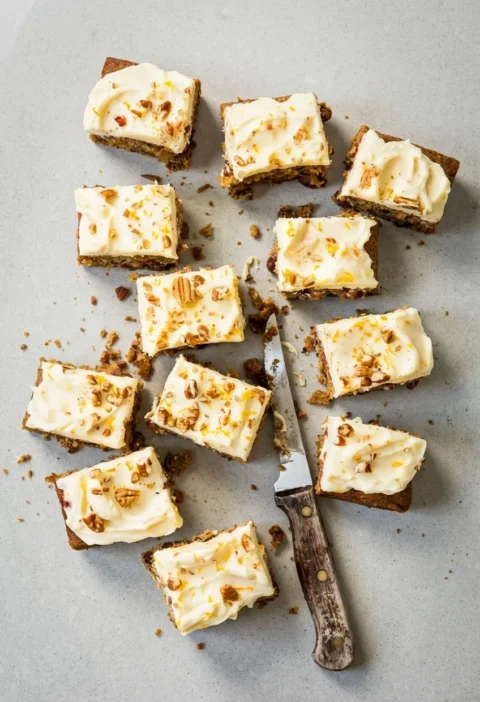 Hairy Bikers carrot cake cut into twelve squares, each topped with swirled cream cheese frosting, broken pecans and orange zest