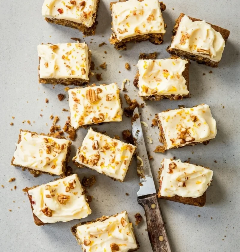 Hairy Bikers carrot cake cut into twelve squares, each topped with swirled cream cheese frosting, broken pecans and orange zest