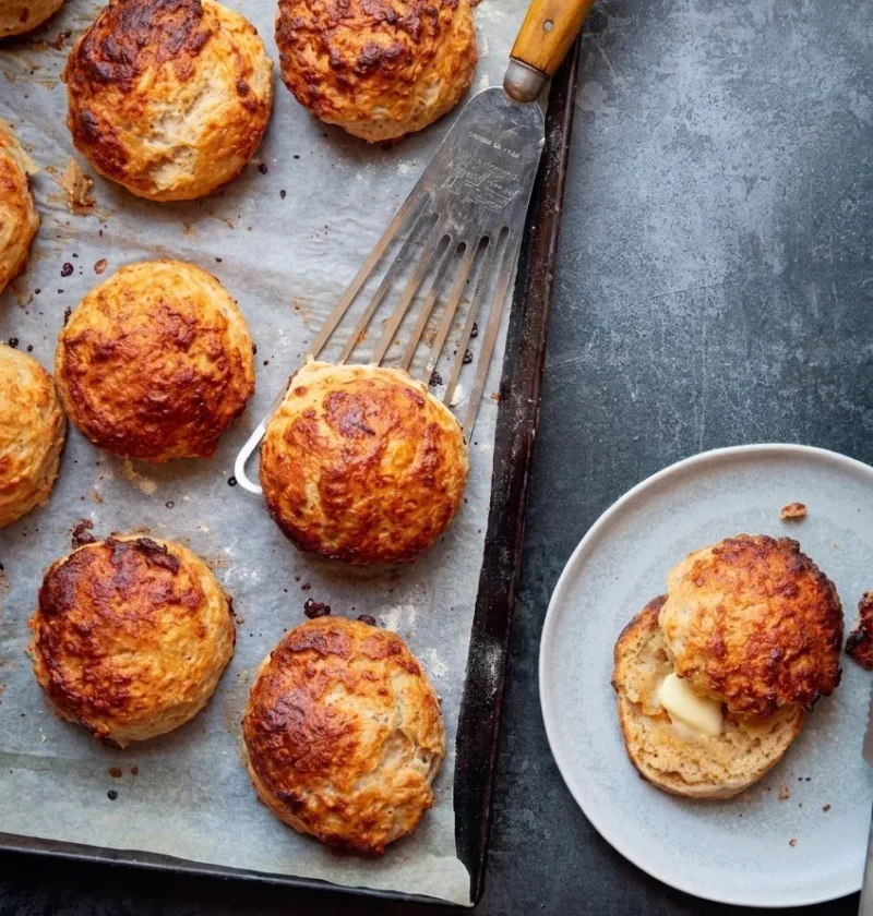 Hairy Bikers cheese and Marmite scones on a lined baking tray, deep golden and craggy, with one split and buttered on a plate