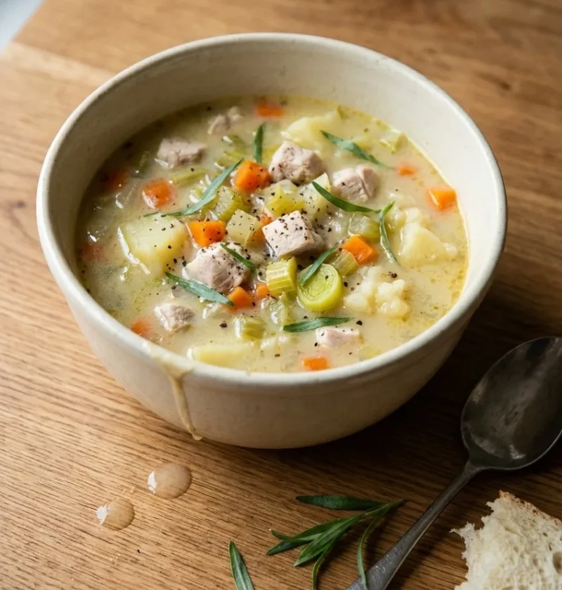 Hairy Bikers chicken and vegetable soup in a cream bowl with diced chicken, carrot, celery, potato and leek in a pale creamy broth