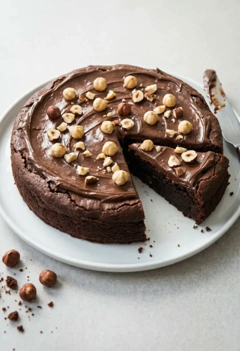Hairy Bikers chocolate hazelnut cake spread with Nutella and scattered with roasted hazelnuts, one wedge cut to show the dense flourless crumb