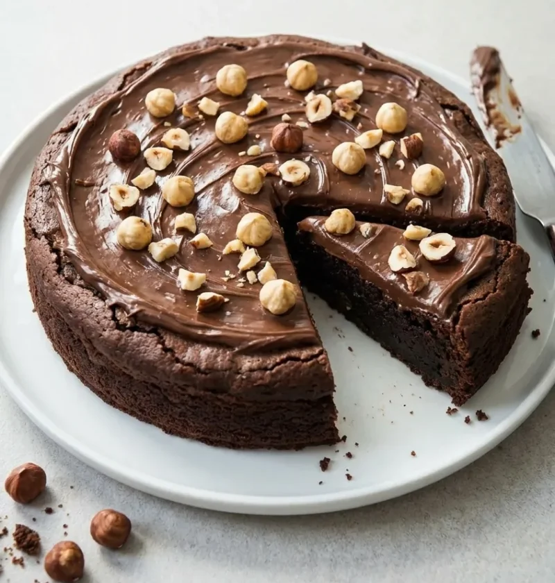 Hairy Bikers chocolate hazelnut cake spread with Nutella and scattered with roasted hazelnuts, one wedge cut to show the dense flourless crumb