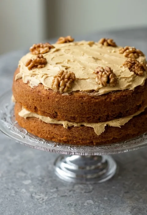 Hairy Bikers coffee and walnut cake with two sponges filled and topped with coffee buttercream and walnut halves