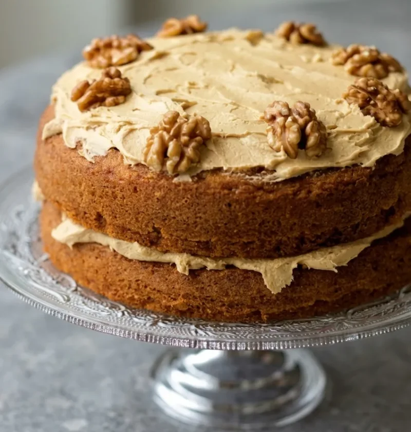 Hairy Bikers coffee and walnut cake with two sponges filled and topped with coffee buttercream and walnut halves