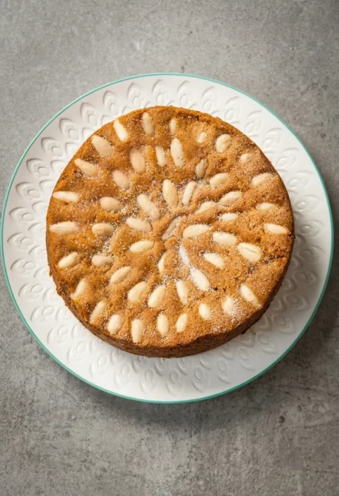 Hairy Bikers Dundee cake topped with blanched almonds arranged in circles and dusted with sugar on a white plate