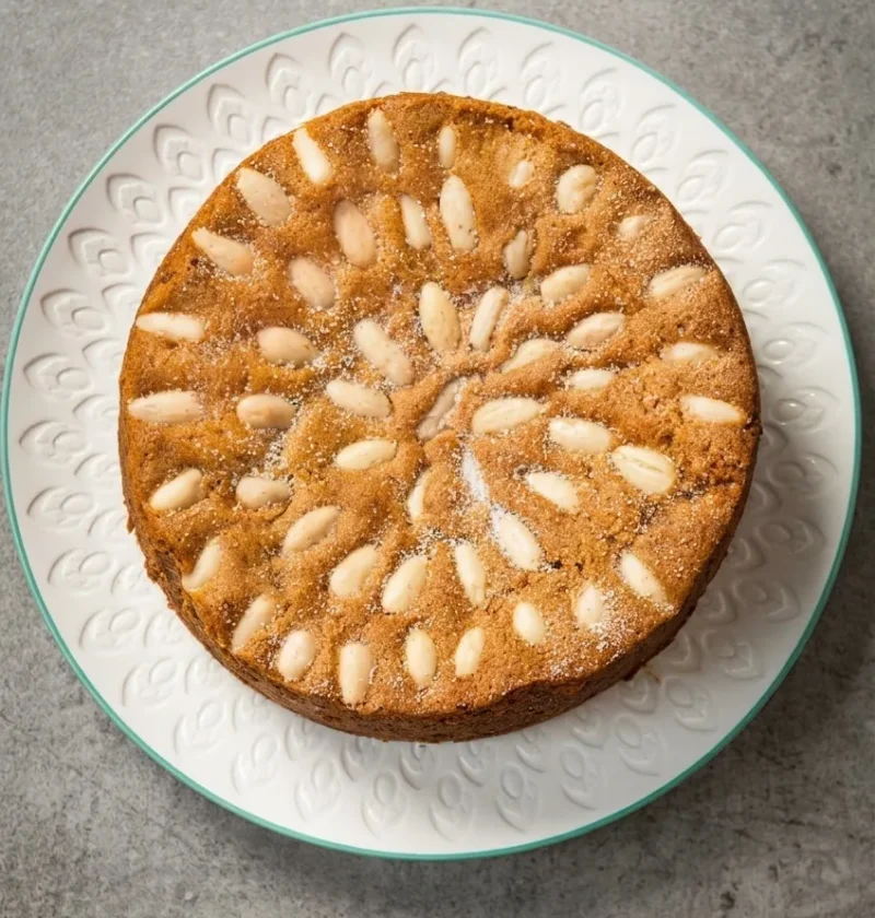 Hairy Bikers Dundee cake topped with blanched almonds arranged in circles and dusted with sugar on a white plate