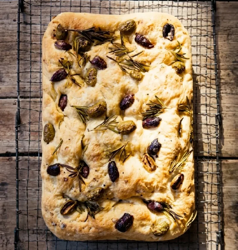 Hairy Bikers focaccia on a wire rack, golden and dimpled with olives and rosemary pressed into the top