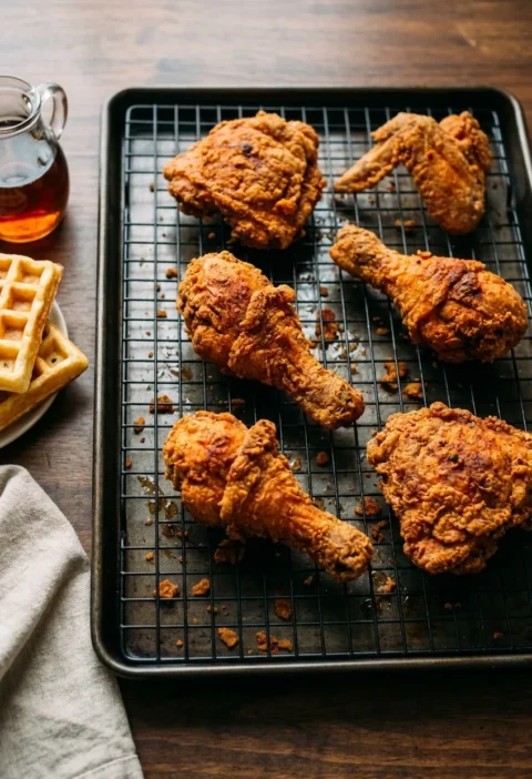 Hairy Bikers southern fried chicken on a wire rack, bone-in pieces with a craggy golden paprika crust, waffles and maple syrup alongside