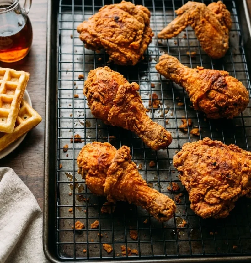 Hairy Bikers southern fried chicken on a wire rack, bone-in pieces with a craggy golden paprika crust, waffles and maple syrup alongside