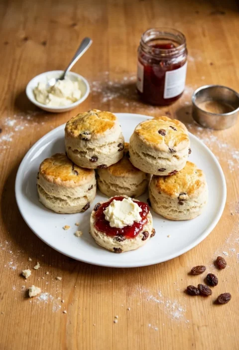 Hairy Bikers fruit scones on a white plate, golden and studded with sultanas, one split with jam and clotted cream