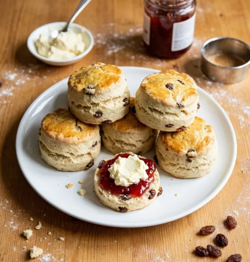 Hairy Bikers fruit scones on a white plate, golden and studded with sultanas, one split with jam and clotted cream