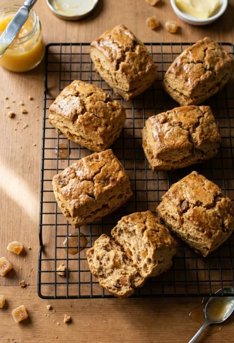 Hairy Bikers ginger and treacle scones cooling on a wire rack, tall and craggy with stem ginger flecks, one broken open