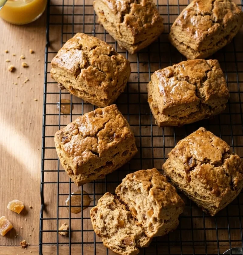 Hairy Bikers ginger and treacle scones cooling on a wire rack, tall and craggy with stem ginger flecks, one broken open