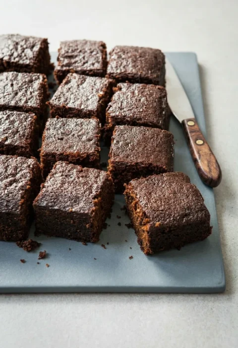 Hairy Bikers ginger cake cut into thick dark squares on a slate board, with one tipped forward to show the sticky crumb