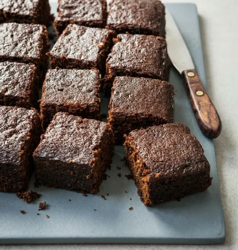 Hairy Bikers ginger cake cut into thick dark squares on a slate board, with one tipped forward to show the sticky crumb