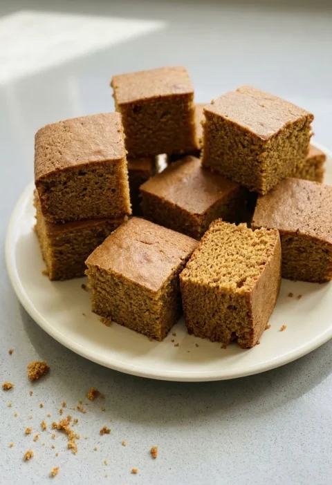 Hairy Bikers ginger sponge cut into golden squares on a cream plate, one turned on its side to show the light open crumb
