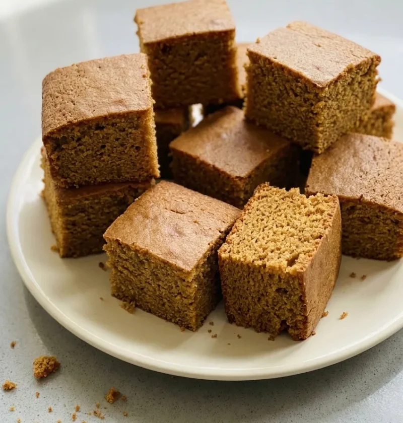 Hairy Bikers ginger sponge cut into golden squares on a cream plate, one turned on its side to show the light open crumb