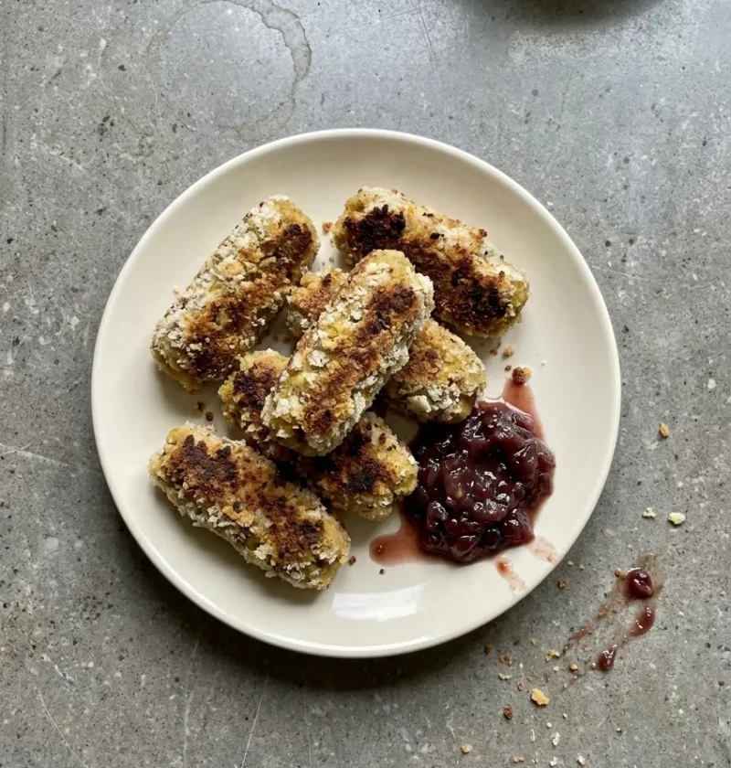Hairy Bikers Glamorgan sausages on a plate, coated in fresh breadcrumbs and fried golden, served with red onion and chilli relish