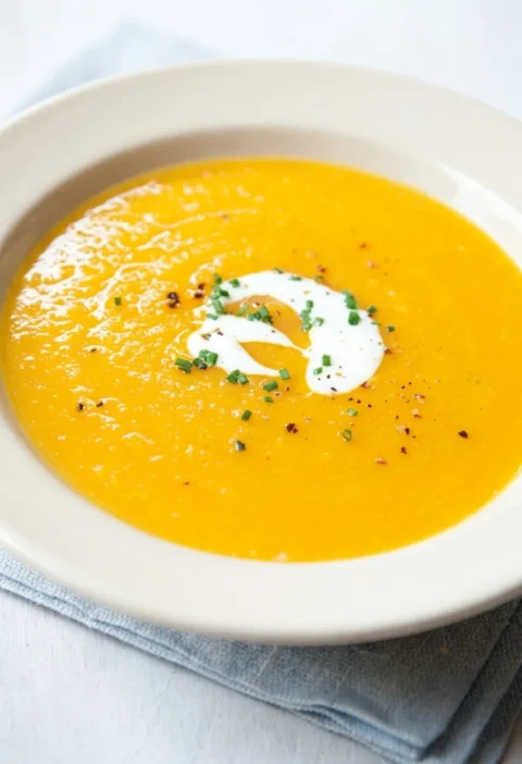 Hairy Bikers golden vegetable soup in a cream bowl, smooth and orange, topped with a swirl of yoghurt and snipped chives
