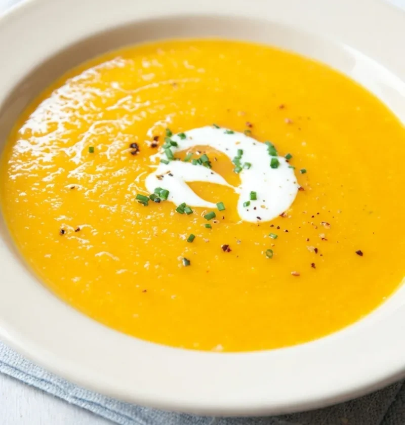 Hairy Bikers golden vegetable soup in a cream bowl, smooth and orange, topped with a swirl of yoghurt and snipped chives