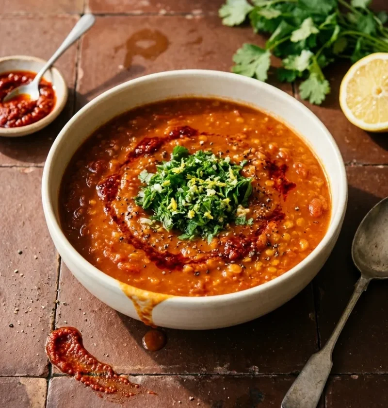 Hairy Bikers harissa soup in a cream bowl, thick and burnt orange, topped with a green coriander and lemon gremolata