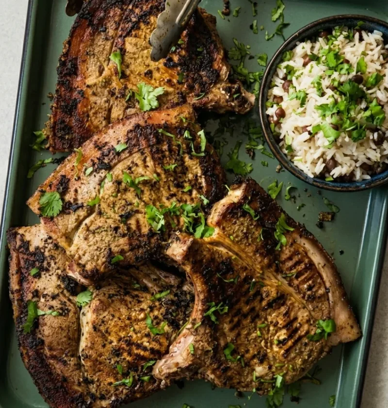 Hairy Bikers jerk pork chops on a green tray, four bone-in chops charred at the edges under a jerk marinade, with rice and peas alongside