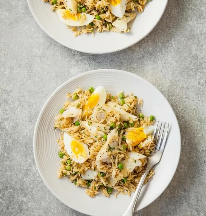 Hairy Bikers kedgeree on two grey plates, curried basmati rice with flakes of smoked haddock, quartered boiled eggs and peas