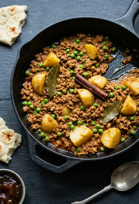 Hairy Bikers keema curry in a cast iron pan, minced lamb with potato chunks, green peas, cinnamon stick and bay leaves