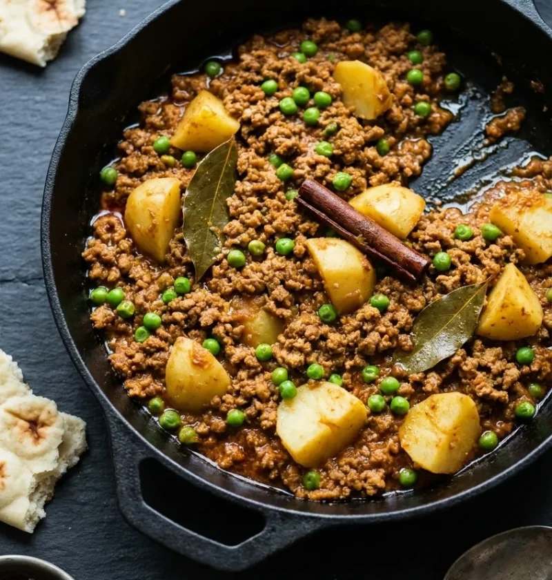 Hairy Bikers keema curry in a cast iron pan, minced lamb with potato chunks, green peas, cinnamon stick and bay leaves