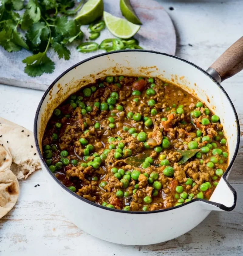 Hairy Bikers keema peas in a cream enamel pan, minced lamb curry with bright green peas, tomato and a bay leaf