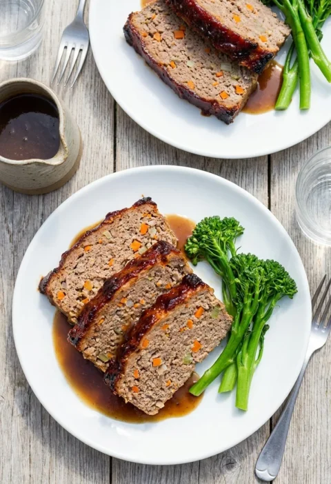 Hairy Bikers meatloaf sliced on two plates with a dark ketchup glaze, carrot flecks through the meat, gravy and tenderstem broccoli