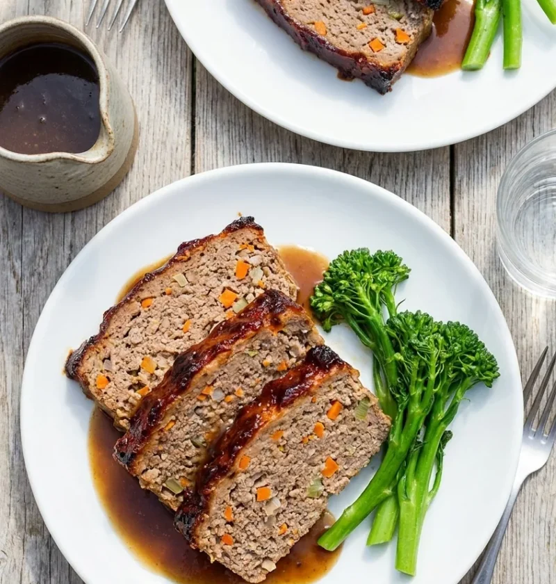 Hairy Bikers meatloaf sliced on two plates with a dark ketchup glaze, carrot flecks through the meat, gravy and tenderstem broccoli