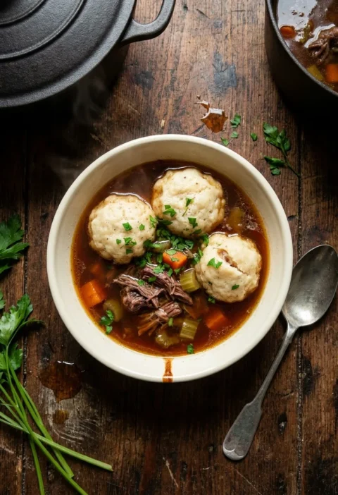 Hairy Bikers oxtail soup in a cream bowl with three suet dumplings, shredded oxtail meat, carrot and celery