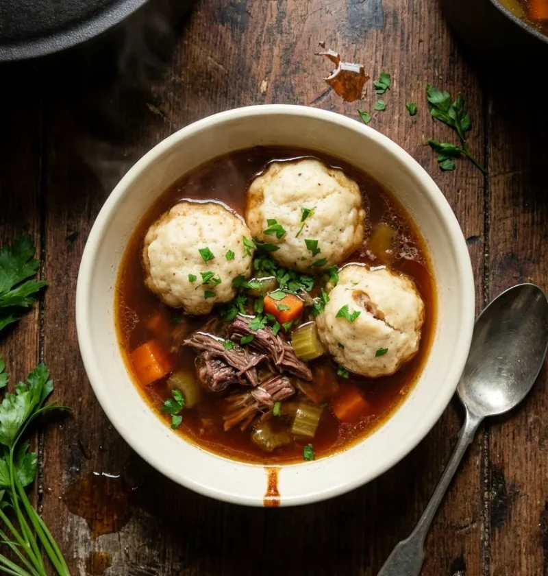 Hairy Bikers oxtail soup in a cream bowl with three suet dumplings, shredded oxtail meat, carrot and celery