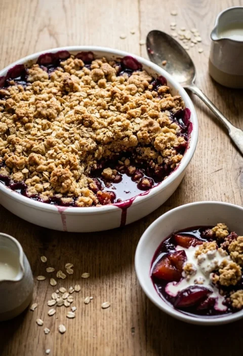 Hairy Bikers plum crumble in a white dish with a golden oat topping and purple plum juice bubbling at the edges, a portion served with cream